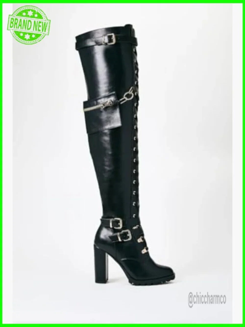Thigh High Boots Chunky Heel Over The Knee Lace Up Combat Boots Side Zipper